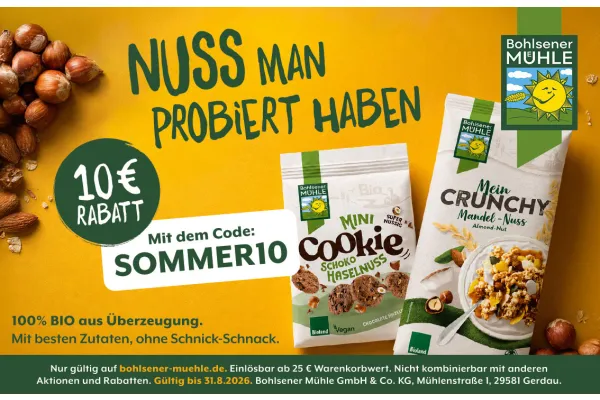 Sicher dir 10€ Rabatt auf deine Bio Cookies, Müslis, Crunchys und Snacks der Bohlsener Mühle.