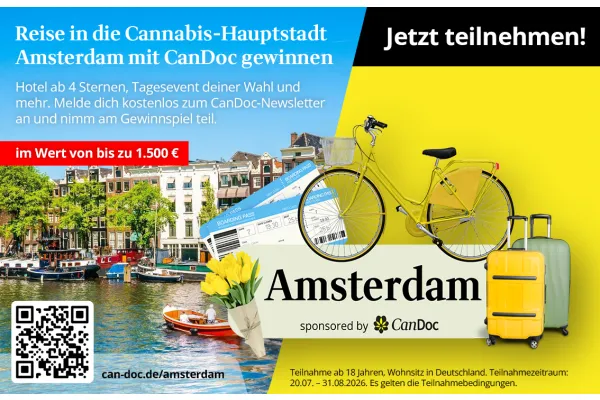 Reise in die Cannabis-Hauptstadt Amsterdam mit CanDoc gewinnen Hotel ab 4 Sternen, Tagesevent deiner Wahl und mehr. Melde dich kostenlos zum CanDoc-Newsletter an und nimm am Gewinnspiel teil. im Wert von bis zu 1.500 €. Jetzt teilnehmen!