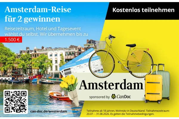 Amsterdam-Reise für 2 gewinnen Reisezeitraum, Hotel und Tagesevent wählst du selbst. Wir übernehmen bis zu 1.500 €. Kostenlos teilnehmen!