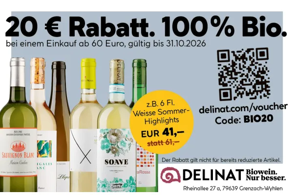 20 € sparen und ausgezeichnete Bio-Weine entdecken bei DELINAT.