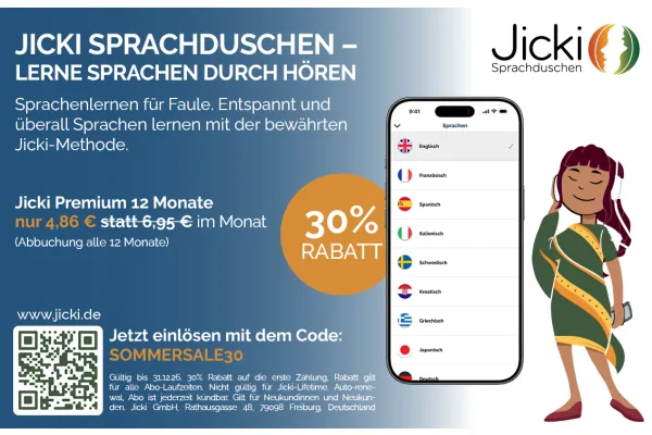 30% RABATT | JICKI SPRACHDUSCHEN - LERNE SPRACHEN DURCH HÖREN