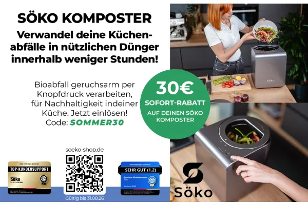 30€ SOFORT-RABATT AUF DEINEN SÖKO KOMPOSTER | Verwandel deine Küchenabfälle in nützlichen Dünger innerhalb weniger Stunden!