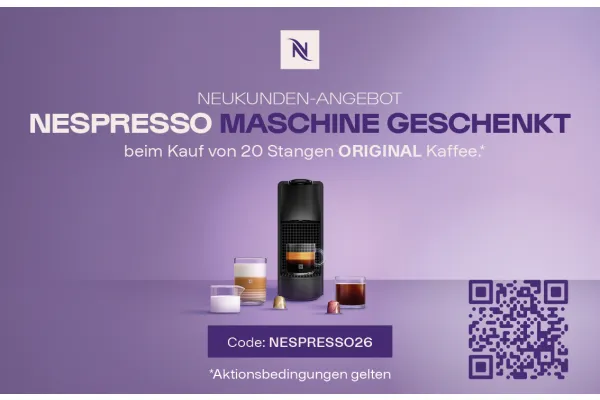 NESPRESSO MASCHINE GESCHENKT beim Kauf von 20 Stangen ORIGINAL Kaffee* mit Couponcode NESPRESSO26