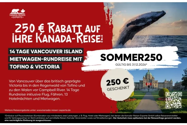 250 € KABATI AUF IHRE KANADA-KEISE! 14 TAGE VANCOUVER ISLAND MIETWAGEN-RUNDREISE MIT TOFINO &amp; VICTORIA