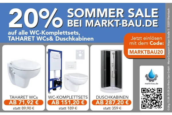 20% auf alle WC-Komplettsets, TAHARET WCs&amp; Duschkabinen | SOMMER SALE BEI MARKT BAU.DE | Jetzt shoppen