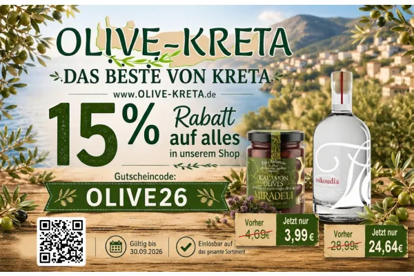 15% Rabatt auf alles in unserem Shop | OLIVE-KRETA DAS | BESTE VON KRETA