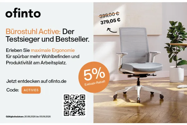 5% Exklusiv-Rabatt | Bürostuhl Active: Der Testsieger und Bestseller. | Erleben Sie maximale Ergonomie für spürbar mehr Wohlbefinden und Produktivität am Arbeitsplatz.