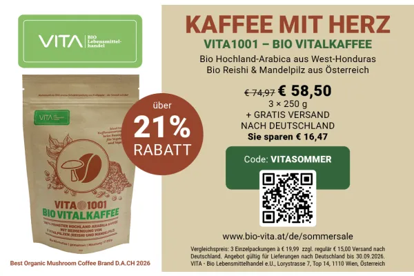 ÜBER 21% RABATT | KAFFEE MIT HERZ | VITA1001 - BIO VITALKAFFEE | Bio Hochland-Arabica aus West-Honduras | Bio Reishi &amp; Mandelpilz aus Österreich