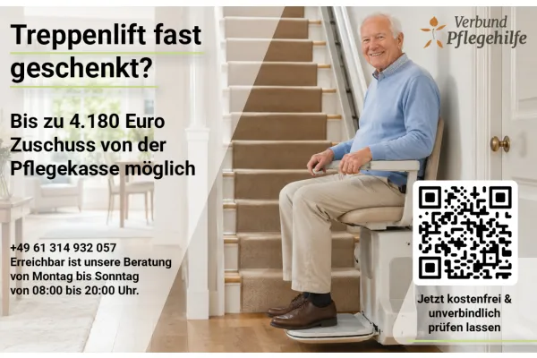 Treppenlift fast geschenkt? | Bis zu 4.180 Euro Zuschuss von der Pflegekasse möglich | Jetzt kostenfrei &amp; unverbindlich prüfen lassen
