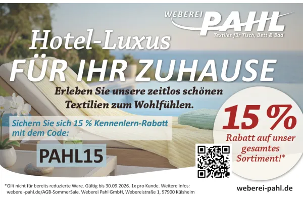 15% Rabatt auf unser gesamtes Sortiment! | Hotel-Luxus FÜR IHR ZUHAUSE | Erleben Sie unsere zeitlos schönen Textilien zum Wohlfühlen.