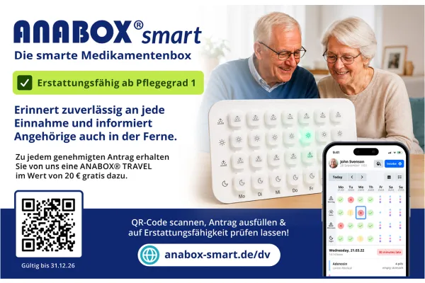 ANABOX smart Die smarte Medikamentenbox / Erstattungsfähig ab Pflegegrad 1 Erinnert zuverlässig an jede Einnahme und informiert Angehörige auch in der Ferne.  Zu jedem genehmigten Antrag erhalten Sie von uns eine ANABOX® TRAVEL im Wert von 20 € gratis