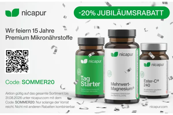-20% JUBILÄUMSRABATT | Wir feiern 15 Jahre Premium Mikronährstoffe | Nur solange der Vorrat reicht.